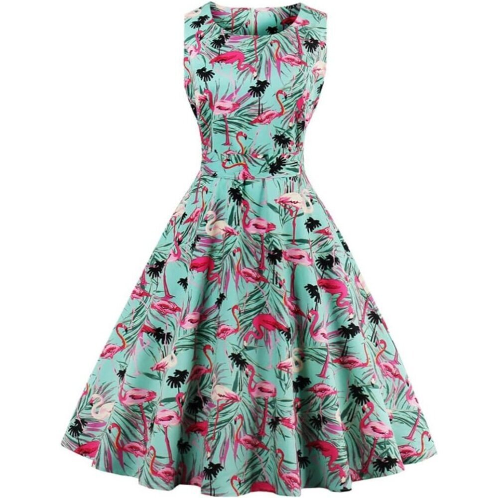 Women's Vintage Tropical Leaf Flamingo Swing Dress 1950s Summer Style